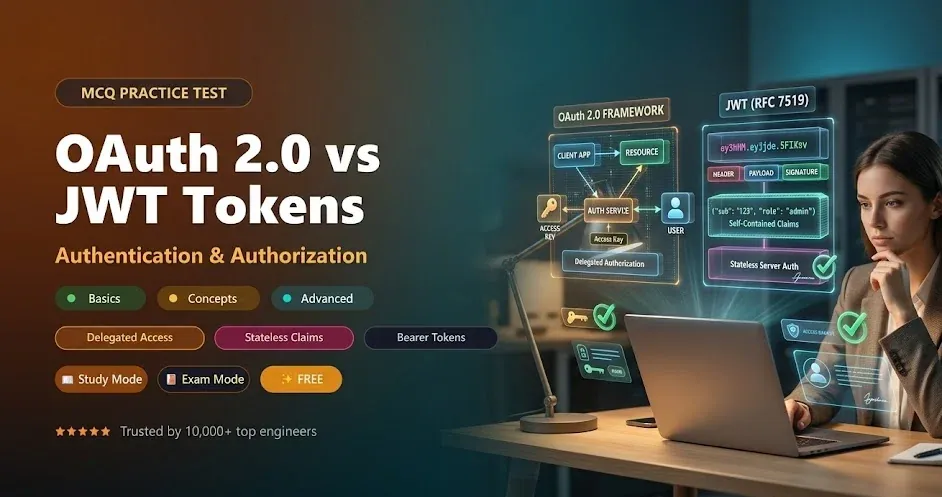 OAuth 2.0 vs JWT MCQs - authorization frameworks and token formats practice questions banner